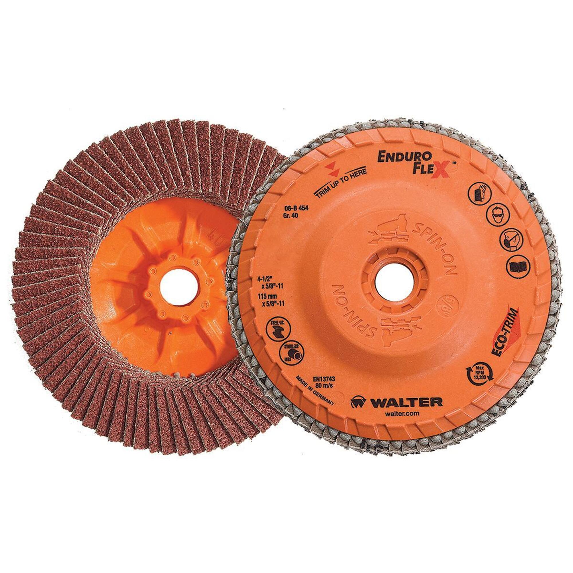 Walter Enduro-Flex Spin-On Flap Discs — 4 1/2in., GR40, Zirconium Grain, 10 Pcs, Model# 06B454